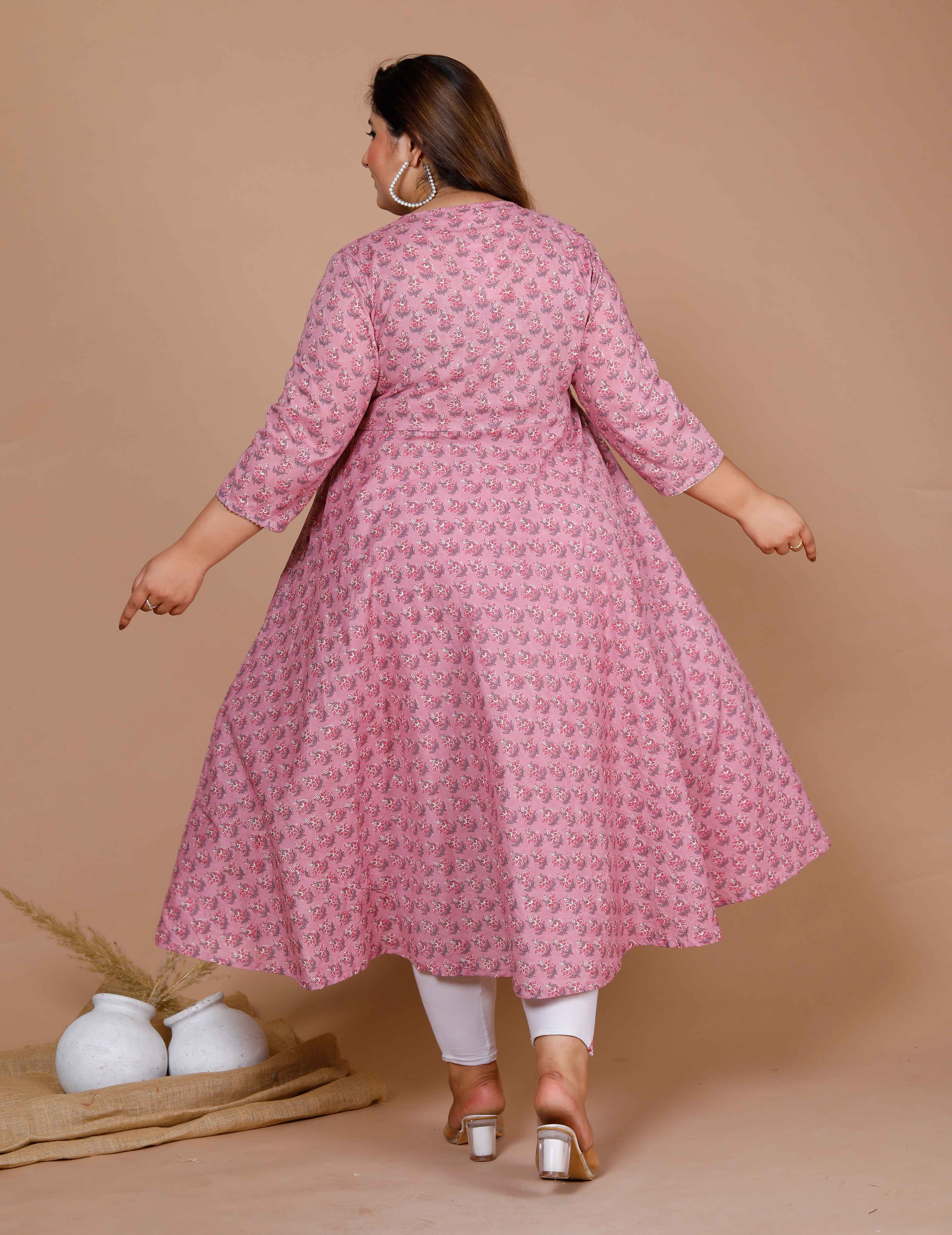 Pink Floral Printed Cotton Anarkali Kurta with Dupatta Set